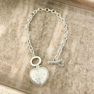 925 Sterling Silver Heart & Key Toggle Bracelet Thick Chunky Link Bracelet